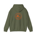 Green hoodie with orange logo on the back on a white background