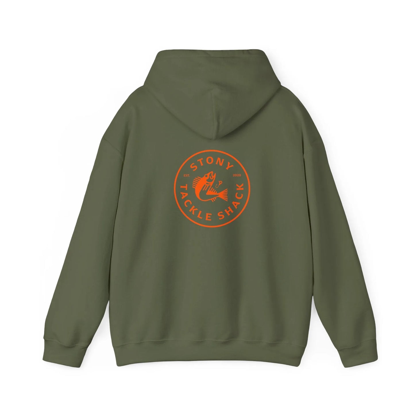 Green hoodie with orange logo on the back on a white background