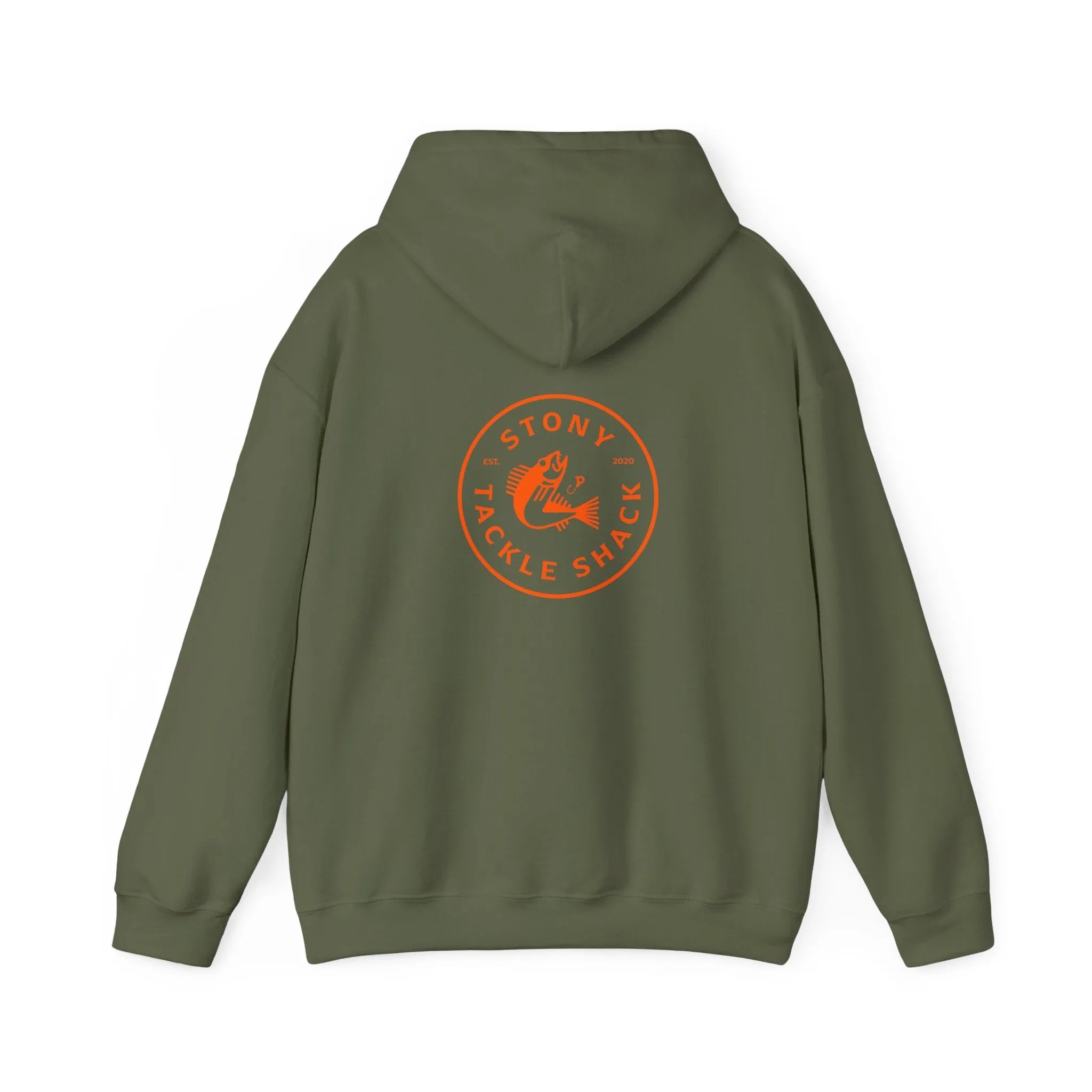Green hoodie with orange logo on the back on a white background