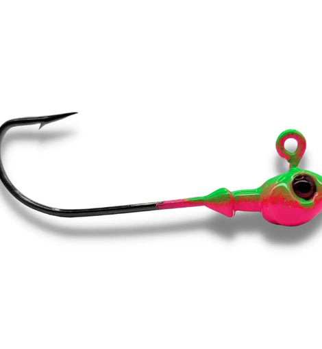 Big Sky Poison Head 1/4oz long shank Jigs 2pk Pink Fluorescent Green Splash w/Red Eye