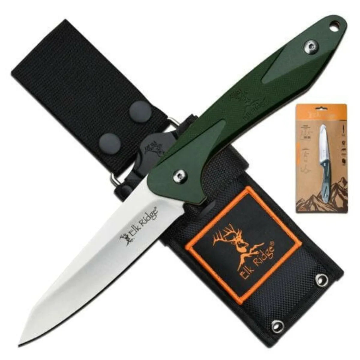 fixed blade knife with green handle and black sheath, accompanied by a packaging box on a white background