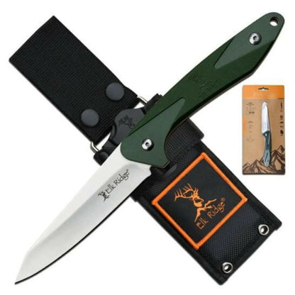 fixed blade knife with green handle and black sheath, accompanied by a packaging box on a white background