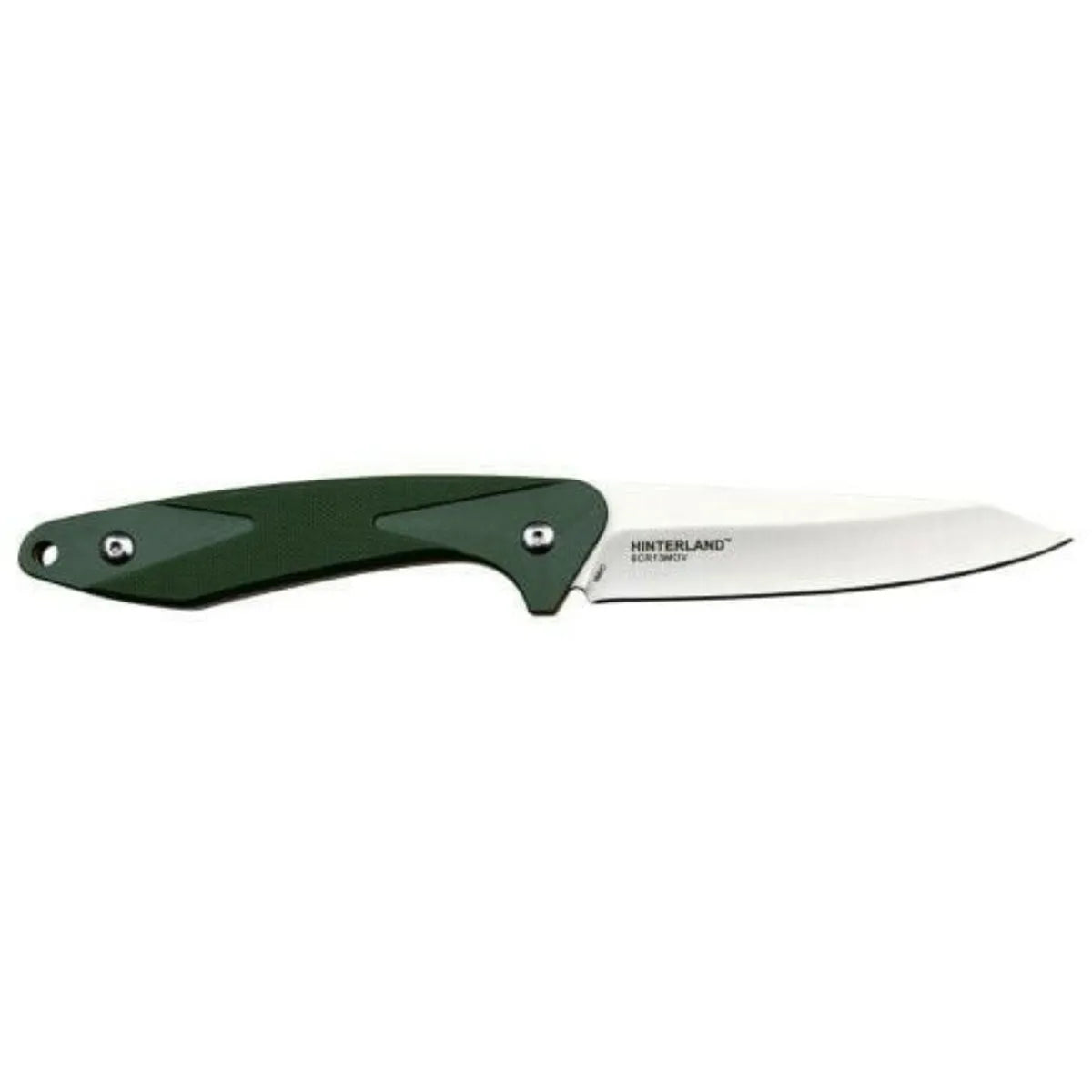 fixed blade knife with green handle and silver blade on a white background