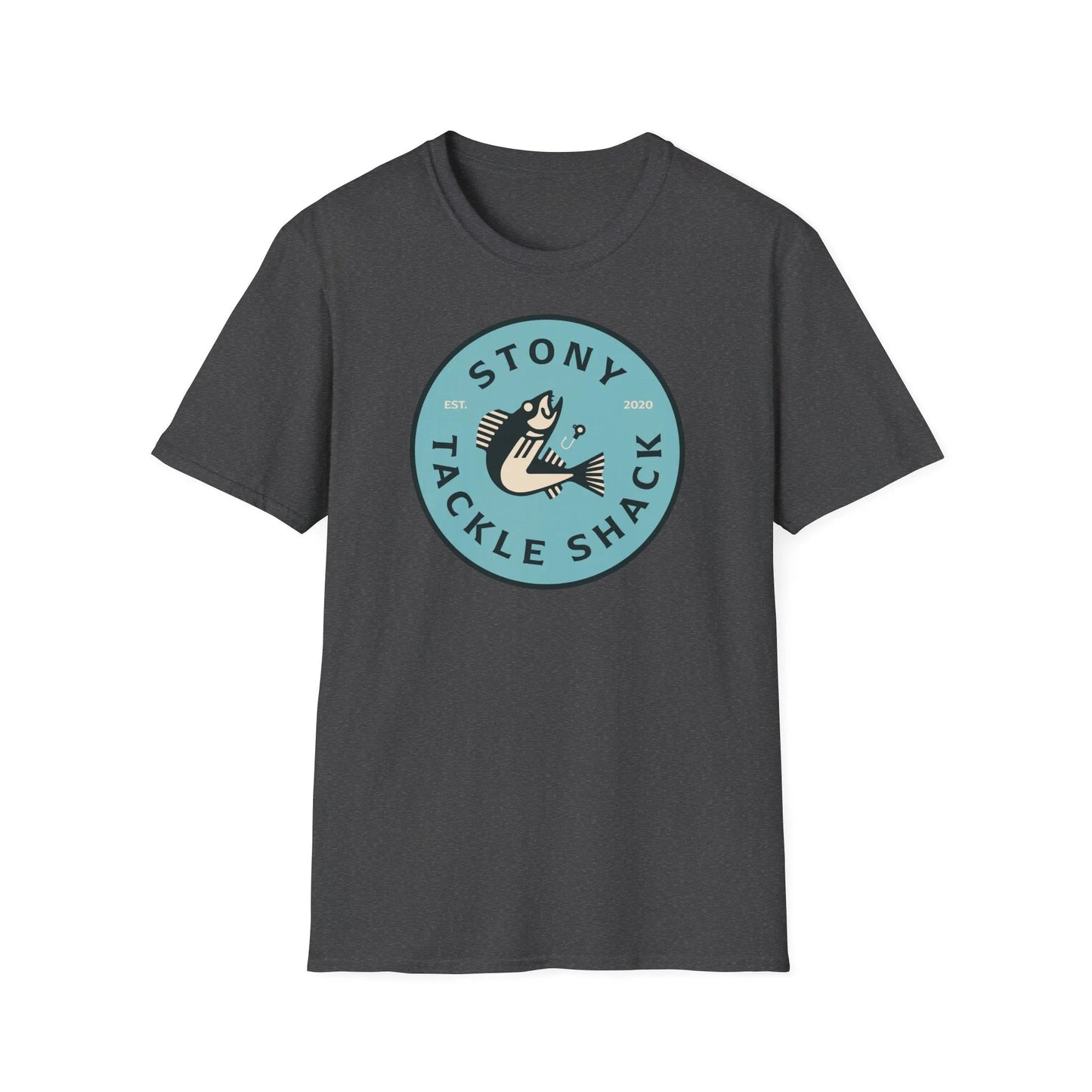 Dark Gray t-shirt with a blue circular logo featuring text and a fish illustration on a white background