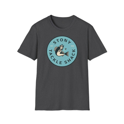 Dark Gray t-shirt with a blue circular logo featuring text and a fish illustration on a white background