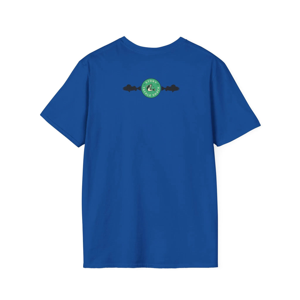 Blue t-shirt with a green logo on the back against a white background