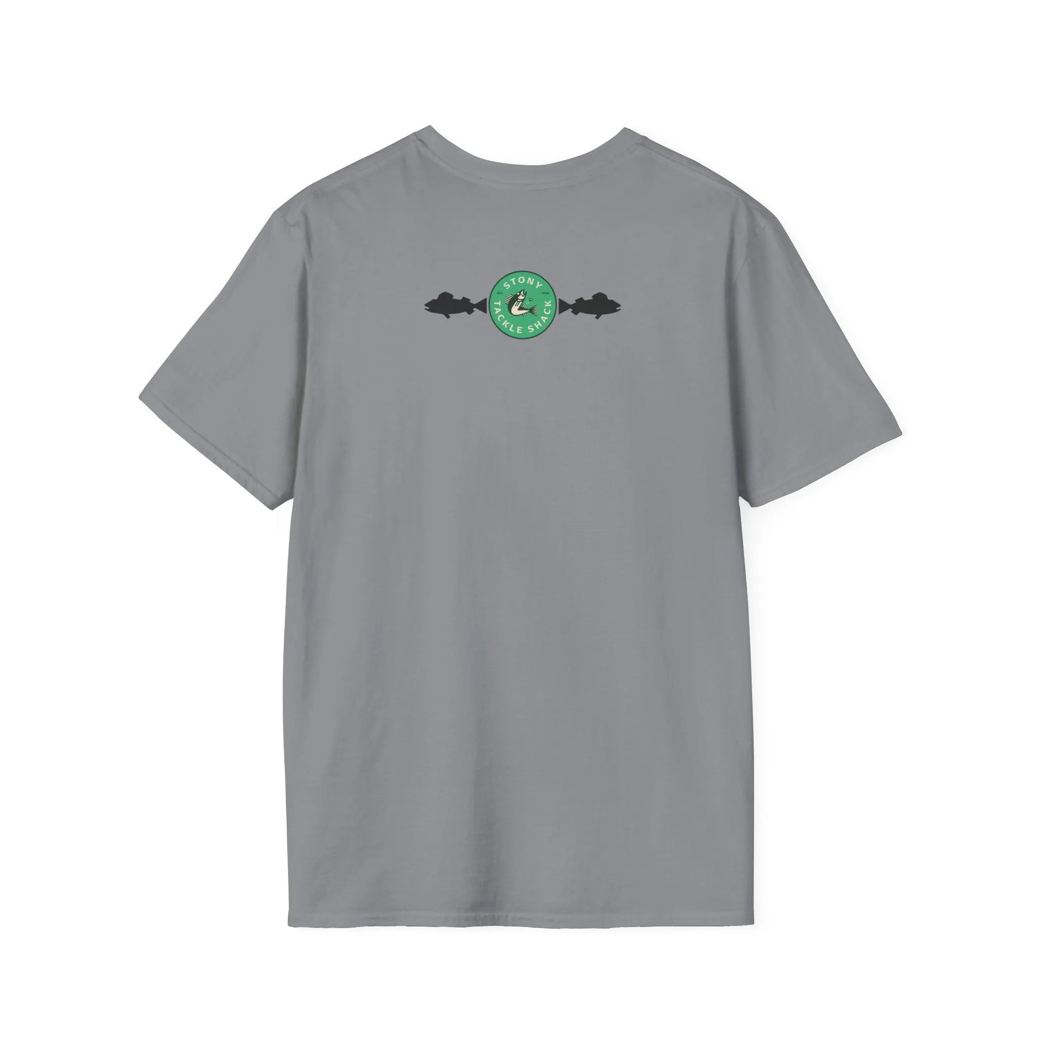 Gray t-shirt with a green logo on the back against a white background
