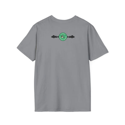 Gray t-shirt with a green logo on the back against a white background