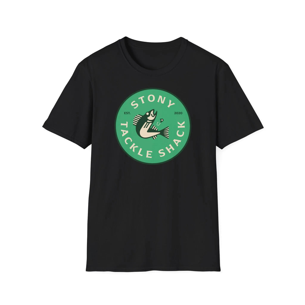 Black t-shirt with a green logo and text on a white background