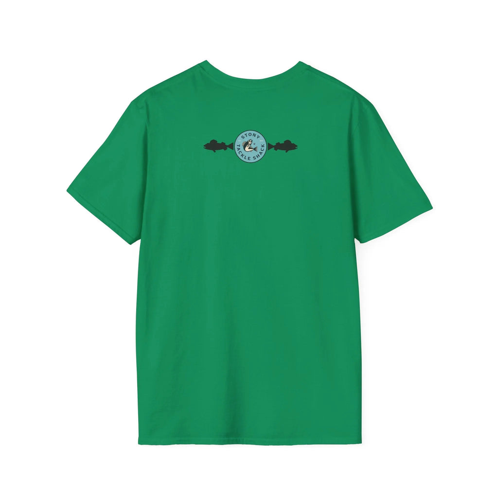 Green t-shirt with a logo on the back against a white background