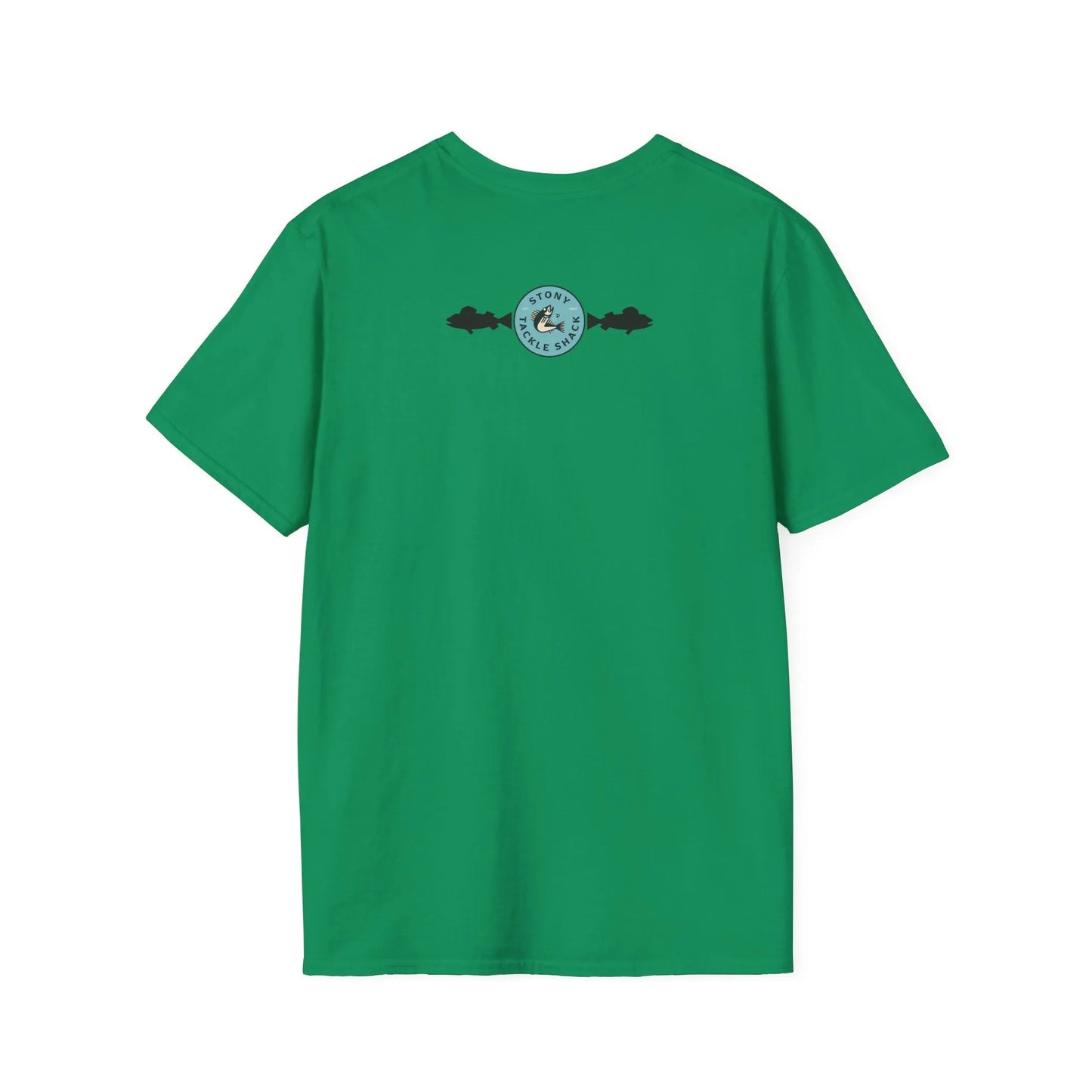Green t-shirt with a logo on the back against a white background