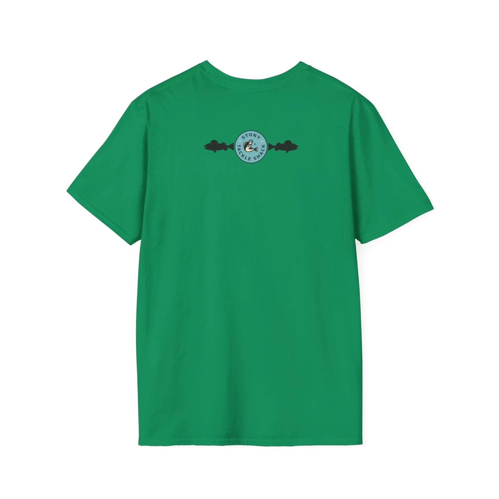 Green t-shirt with a logo on the back against a white background