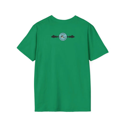 Green t-shirt with a logo on the back against a white background