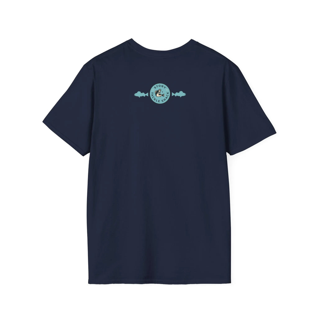 Navy blue t-shirt with a small logo on the back against a white background