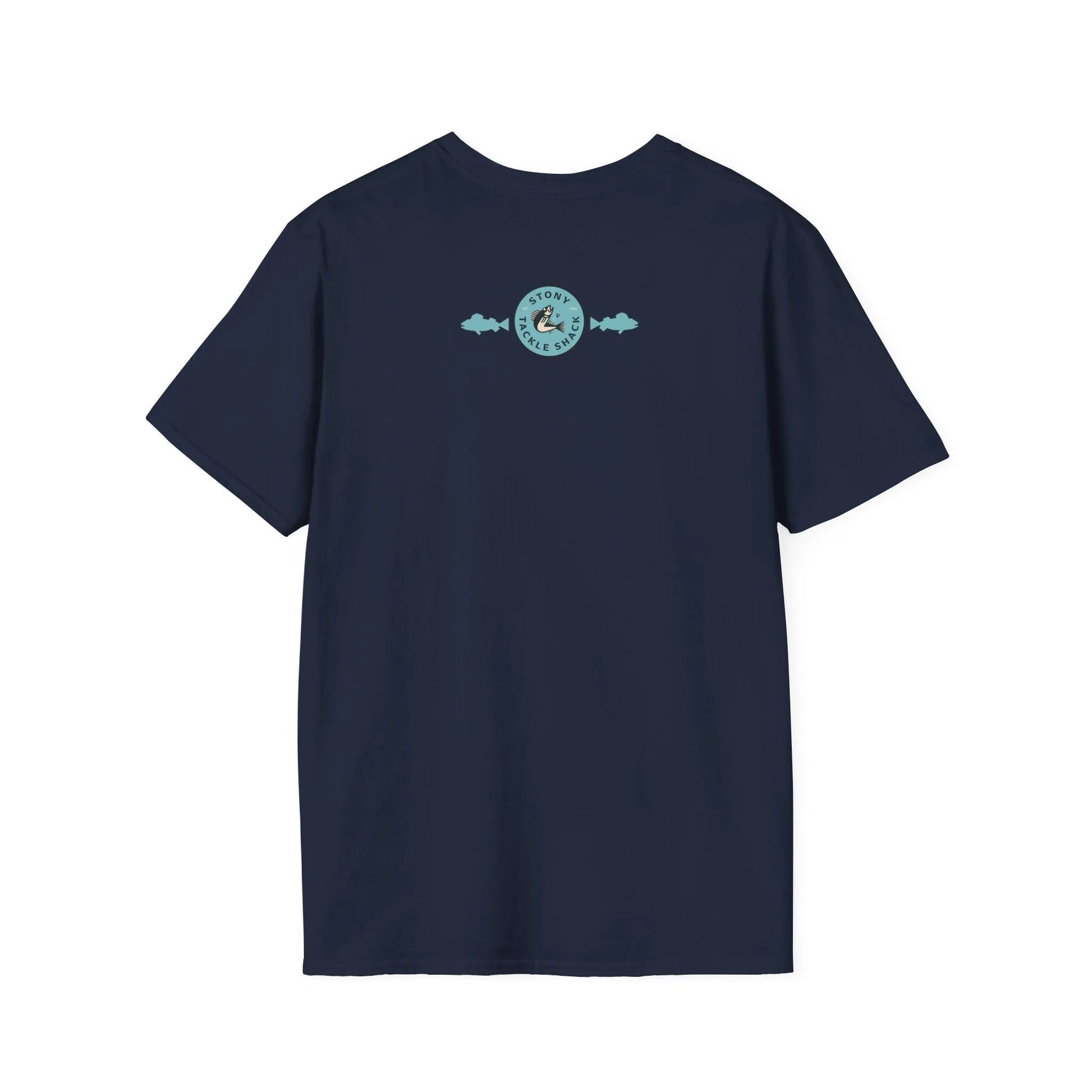 Navy blue t-shirt with a small logo on the back against a white background