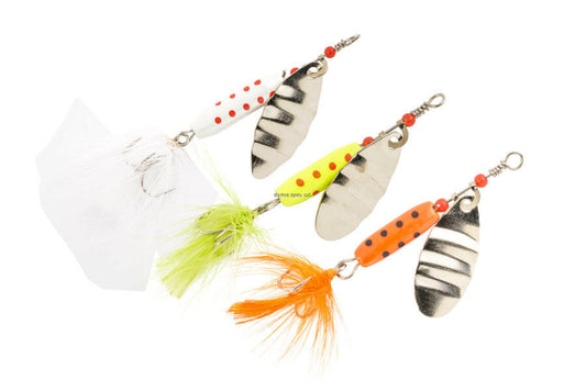 Three colorful fishing lures with striped and spotted patterns on a white background.
