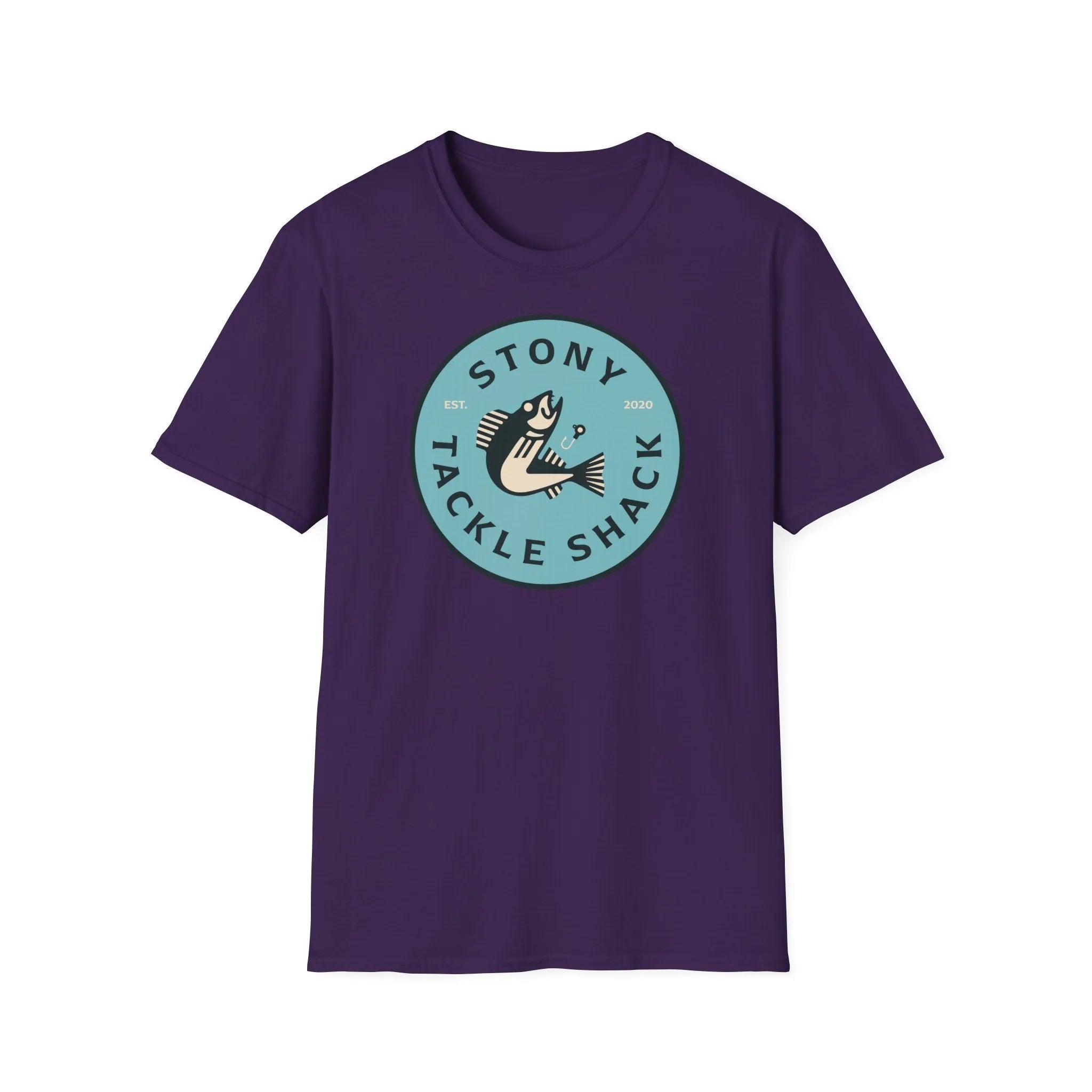 Purple t-shirt with 'Stony Tackle Shack' logo on a white background