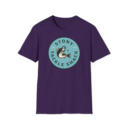 Purple t-shirt with 'Stony Tackle Shack' logo on a white background