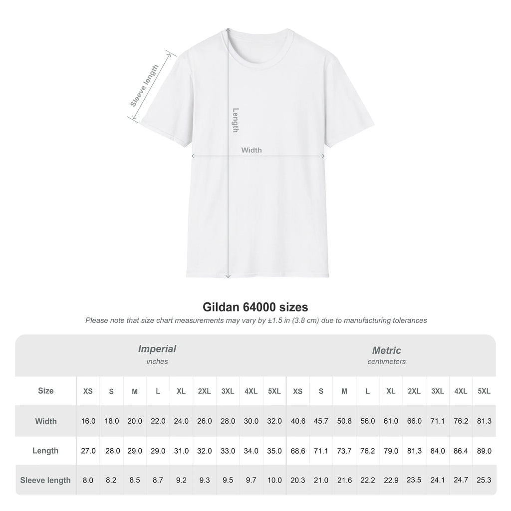 White t-shirt with size chart measurements on a white background