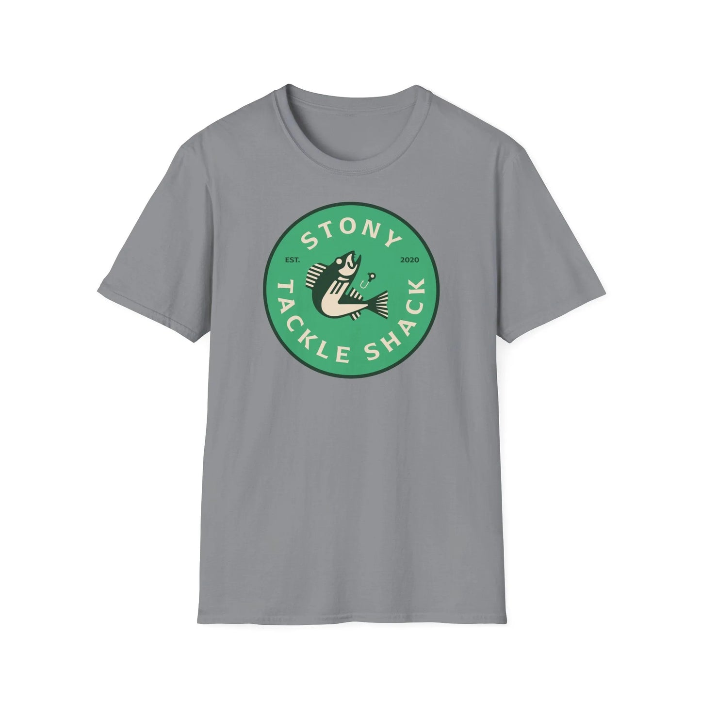 Gray t-shirt with a green logo and text on a white background