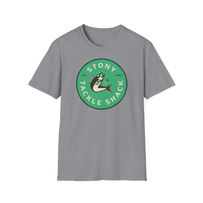 Gray t-shirt with a green logo and text on a white background