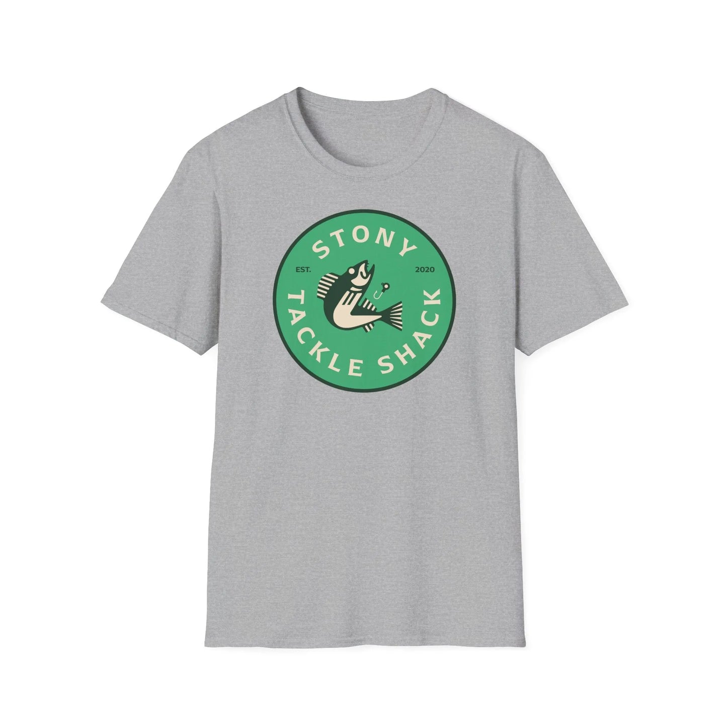 Gray t-shirt with a green logo and text on a white background