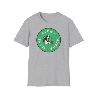 Gray t-shirt with a green logo and text on a white background