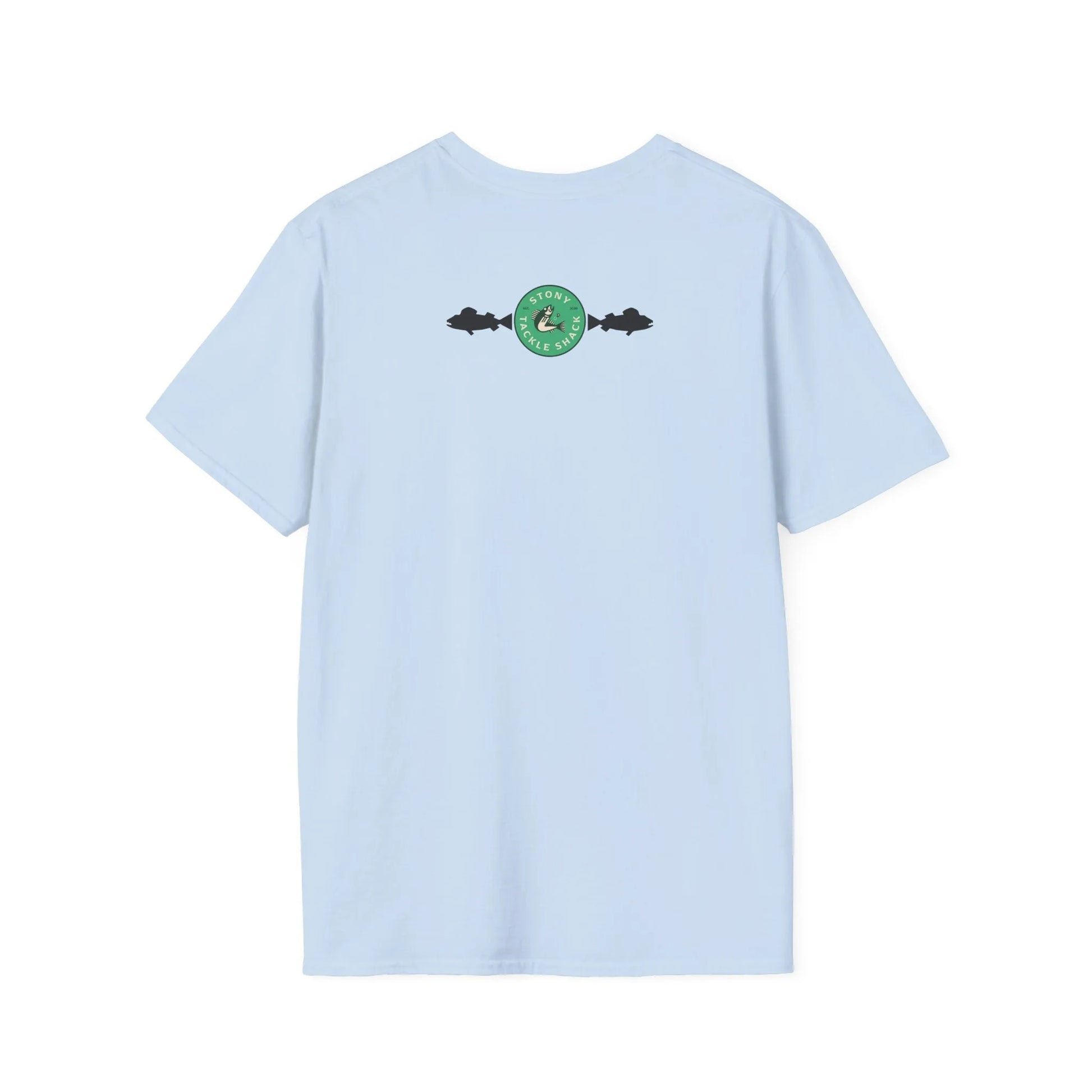 Light blue t-shirt with a green logo on the back against a white background