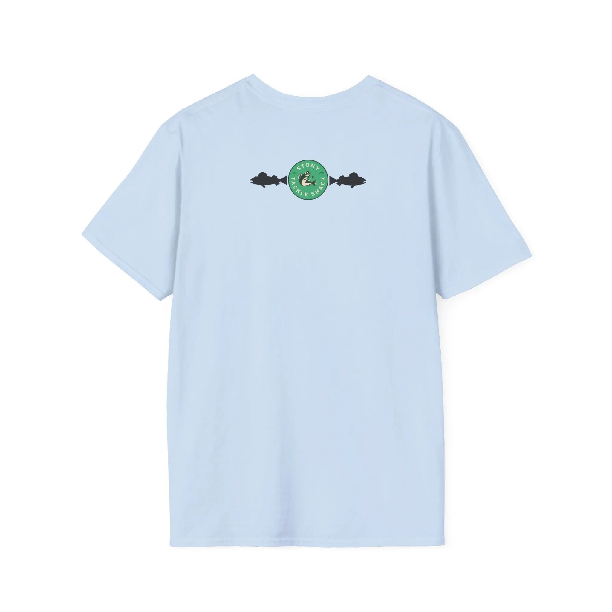 Light blue t-shirt with a green logo on the back against a white background