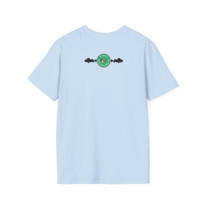 Light blue t-shirt with a green logo on the back against a white background