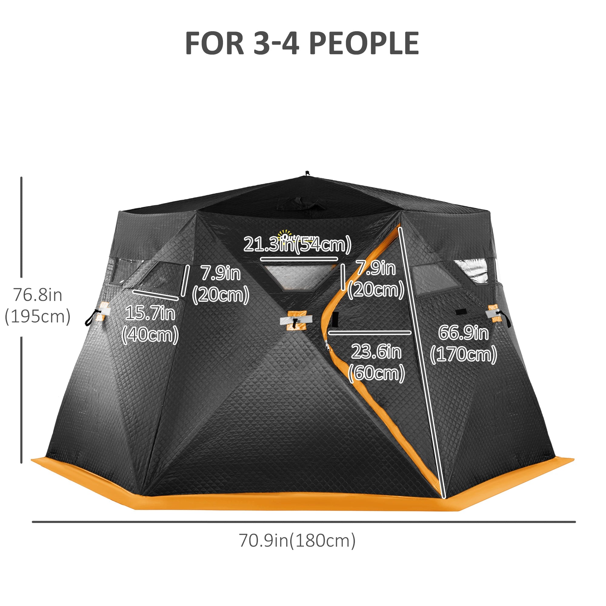 Hexagonal tent with dimensions labeled on a white background