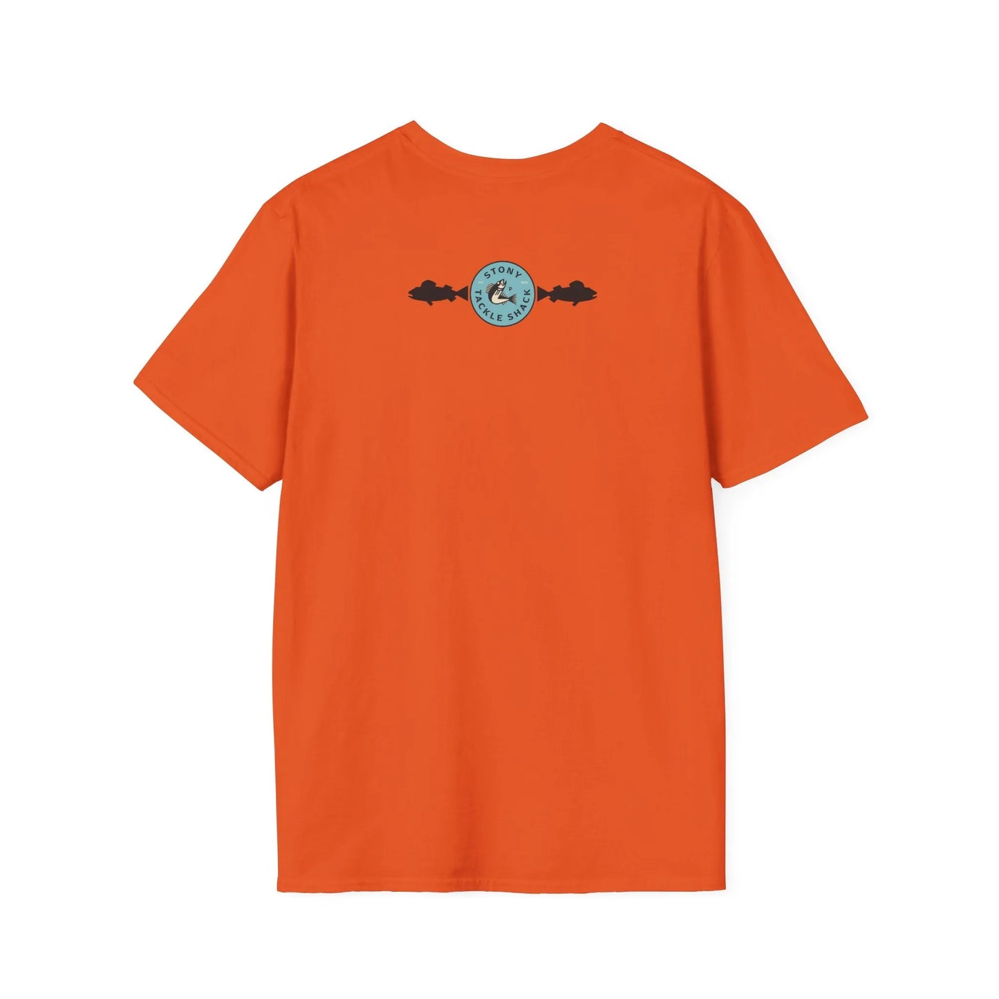 Orange t-shirt with a logo on the back against a white background