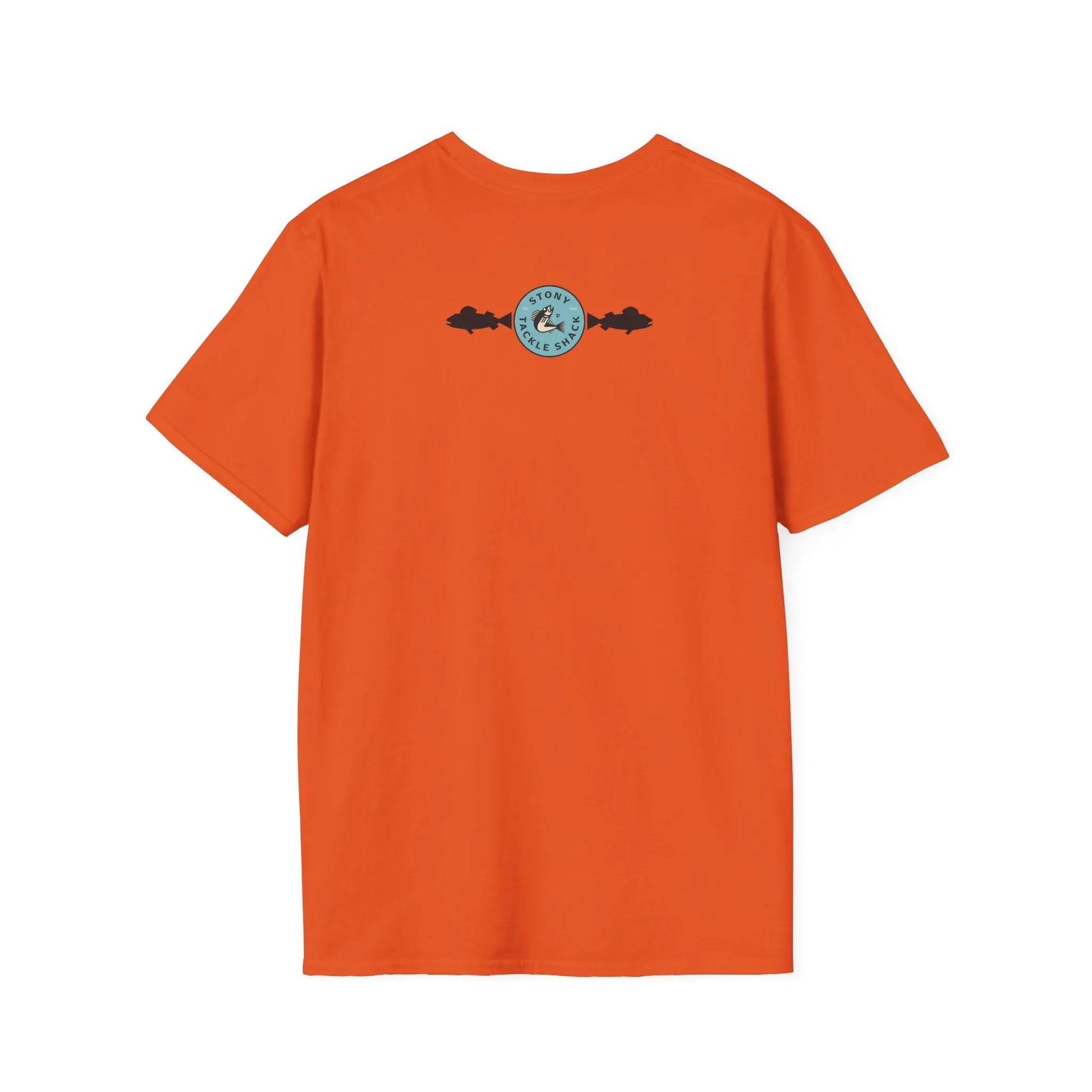 Orange t-shirt with a logo on the back against a white background