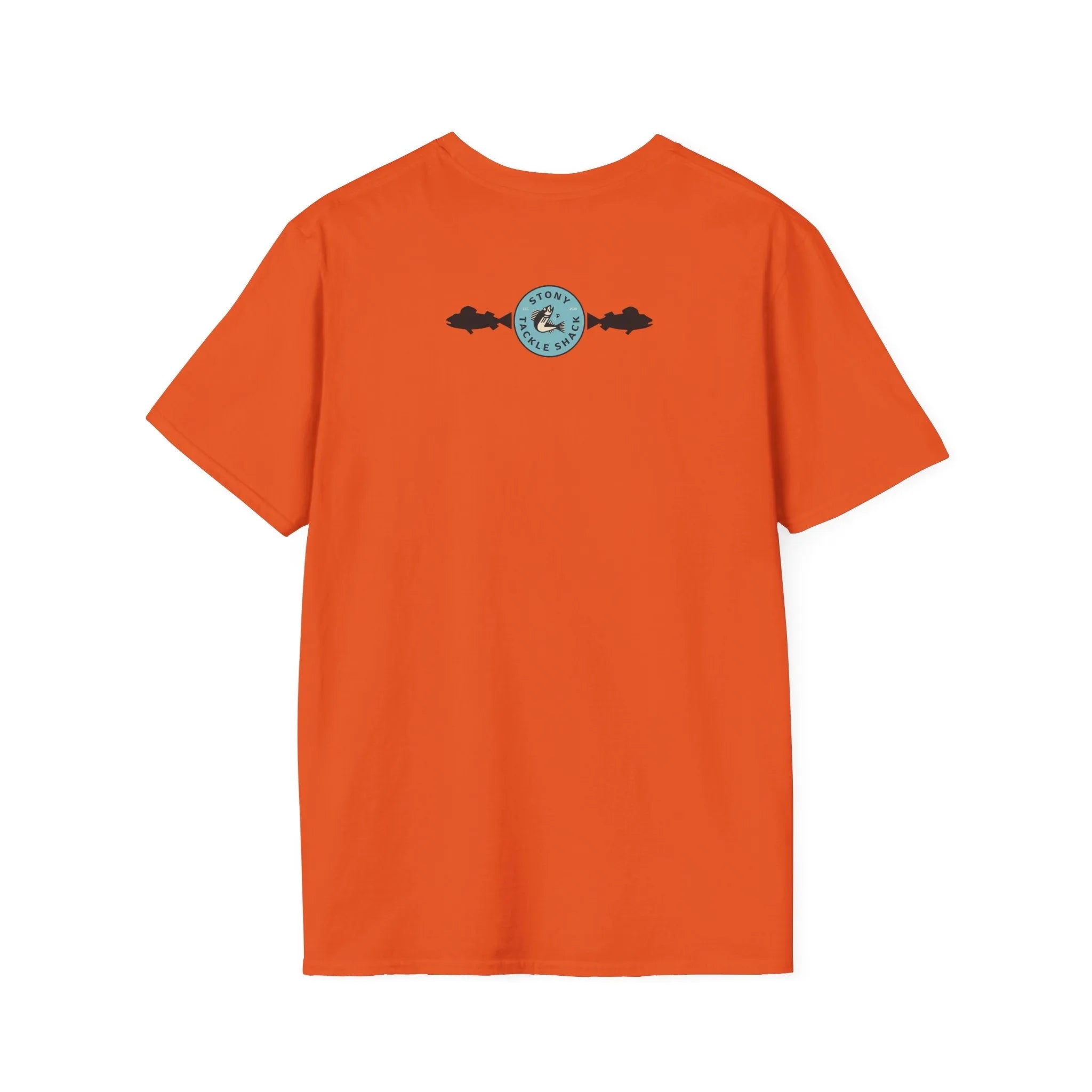 Orange t-shirt with a logo on the back against a white background