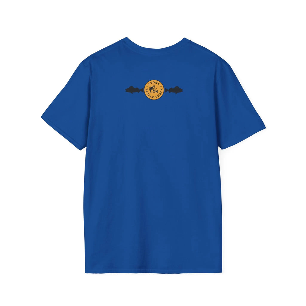 Blue t-shirt with a yellow logo on the back against a white background
