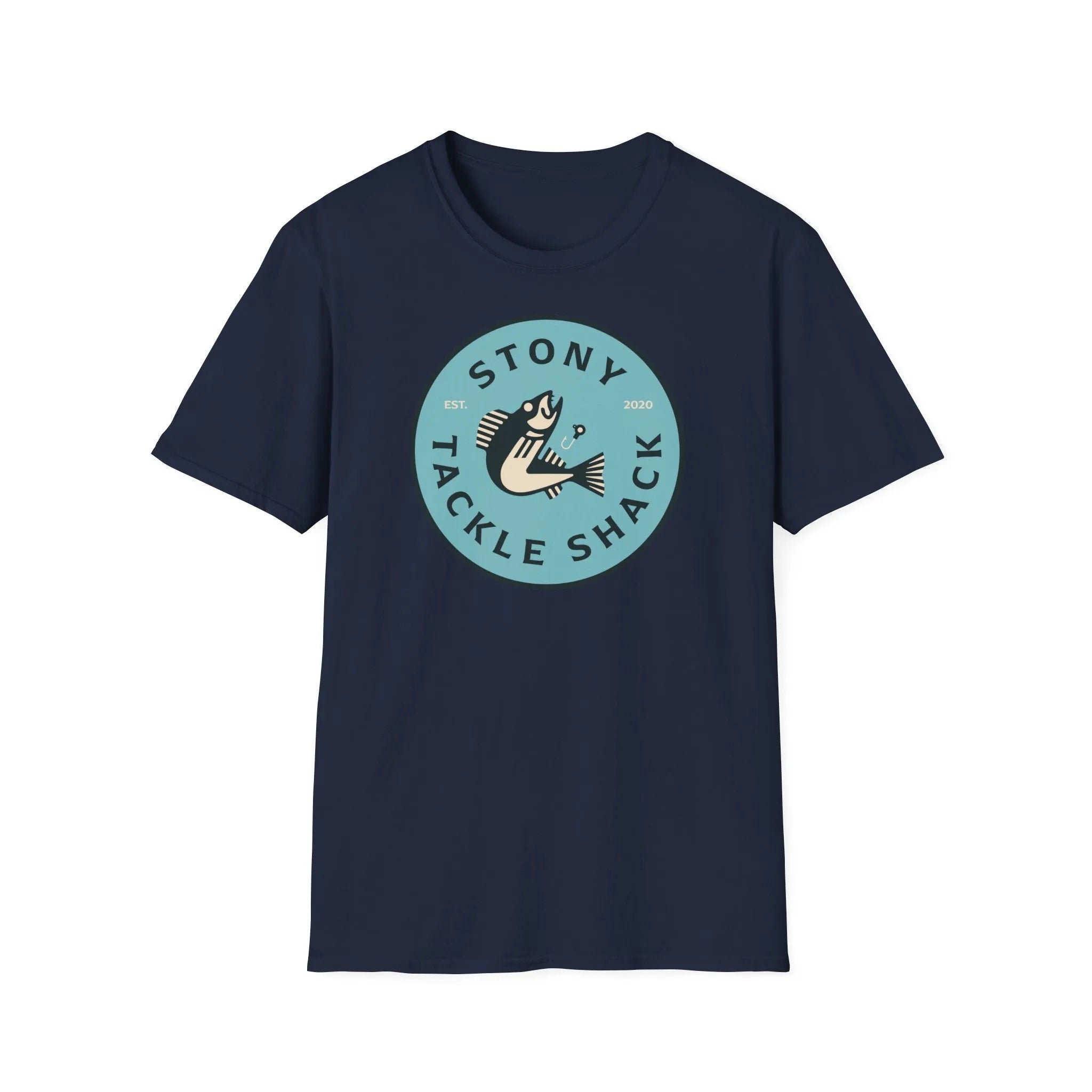 Navy blue t-shirt with 'Stony Tackle Shack' logo on a white background