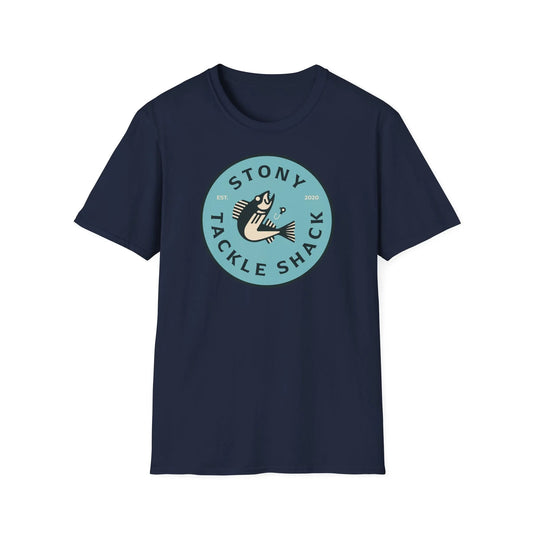Navy blue t-shirt with 'Stony Tackle Shack' logo on a white background