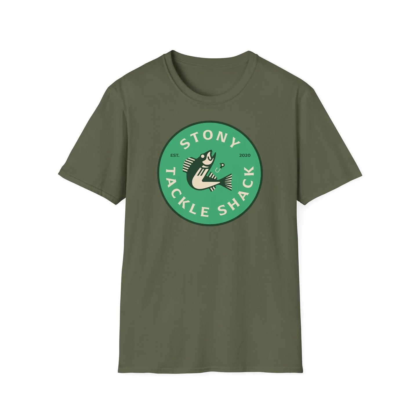 Green t-shirt with 'Stony Tackle Shack' logo on a white background