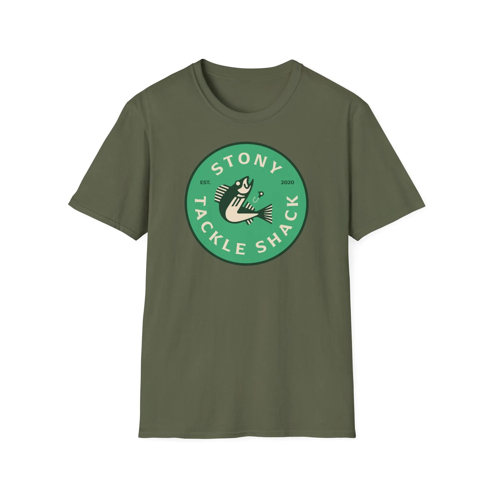 Green t-shirt with 'Stony Tackle Shack' logo on a white background