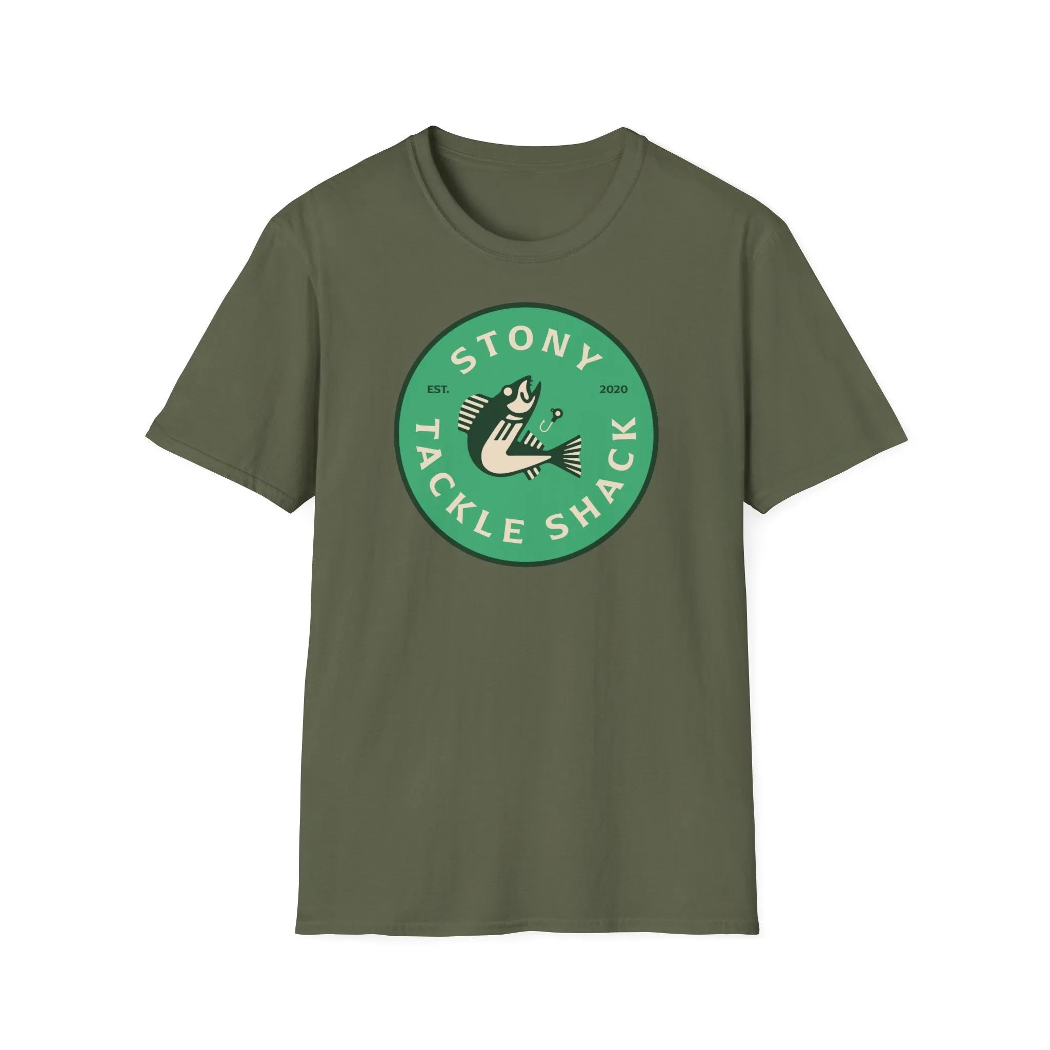 Green t-shirt with 'Stony Tackle Shack' logo on a white background