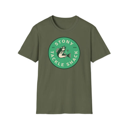 Green t-shirt with 'Stony Tackle Shack' logo on a white background