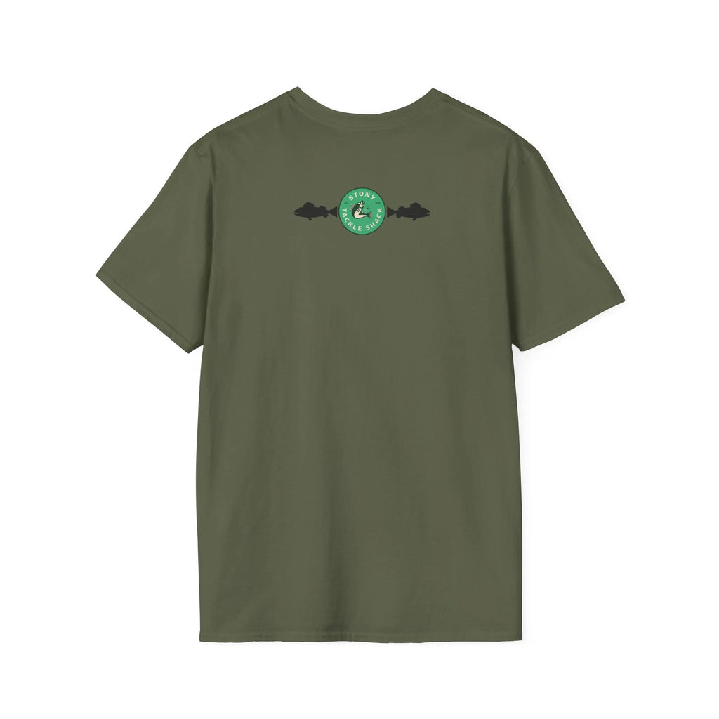 Green t-shirt with a logo on the back against a white background