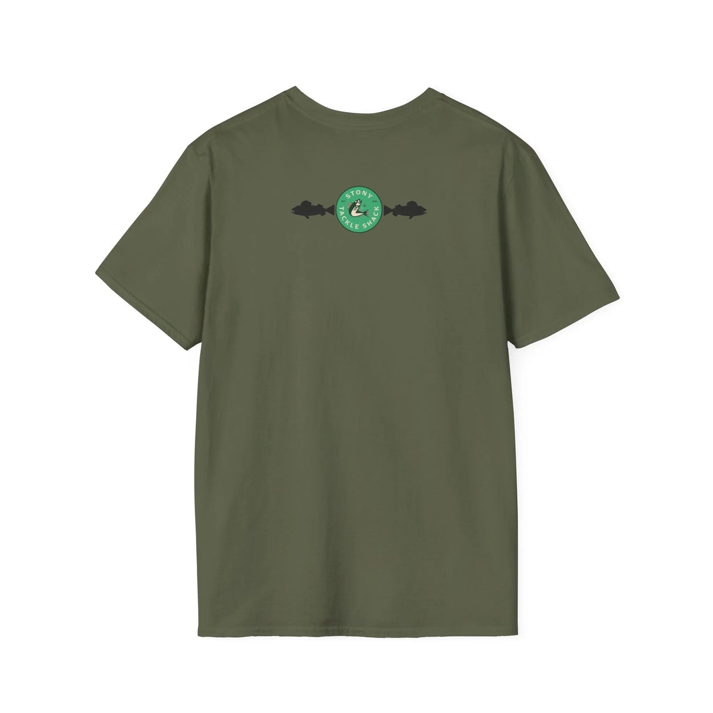 Green t-shirt with a logo on the back against a white background