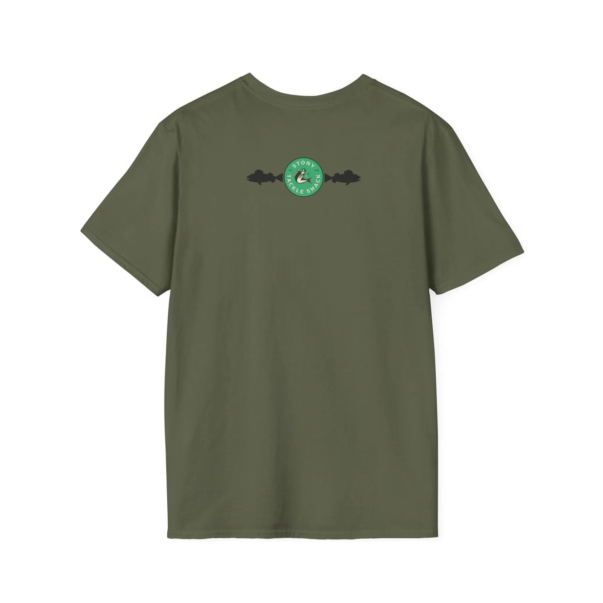 Green t-shirt with a logo on the back against a white background