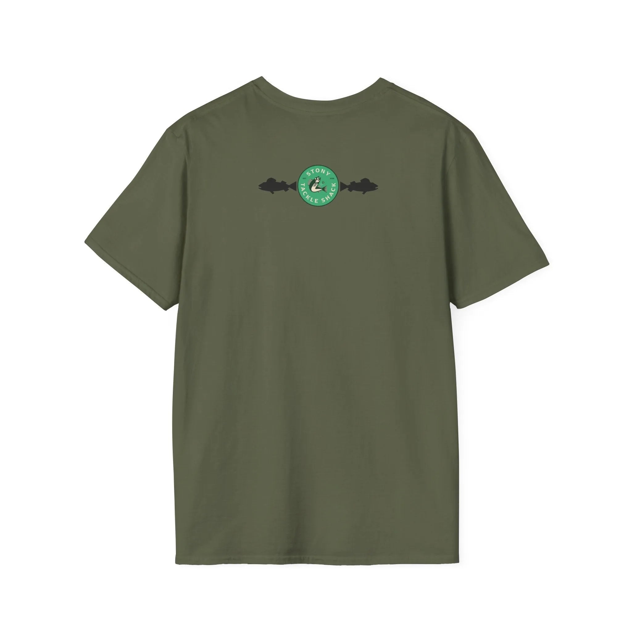Green t-shirt with a logo on the back against a white background
