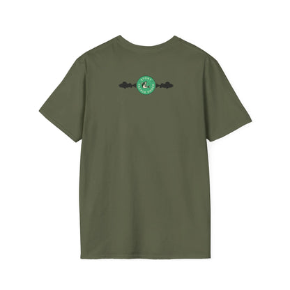 Green t-shirt with a logo on the back against a white background