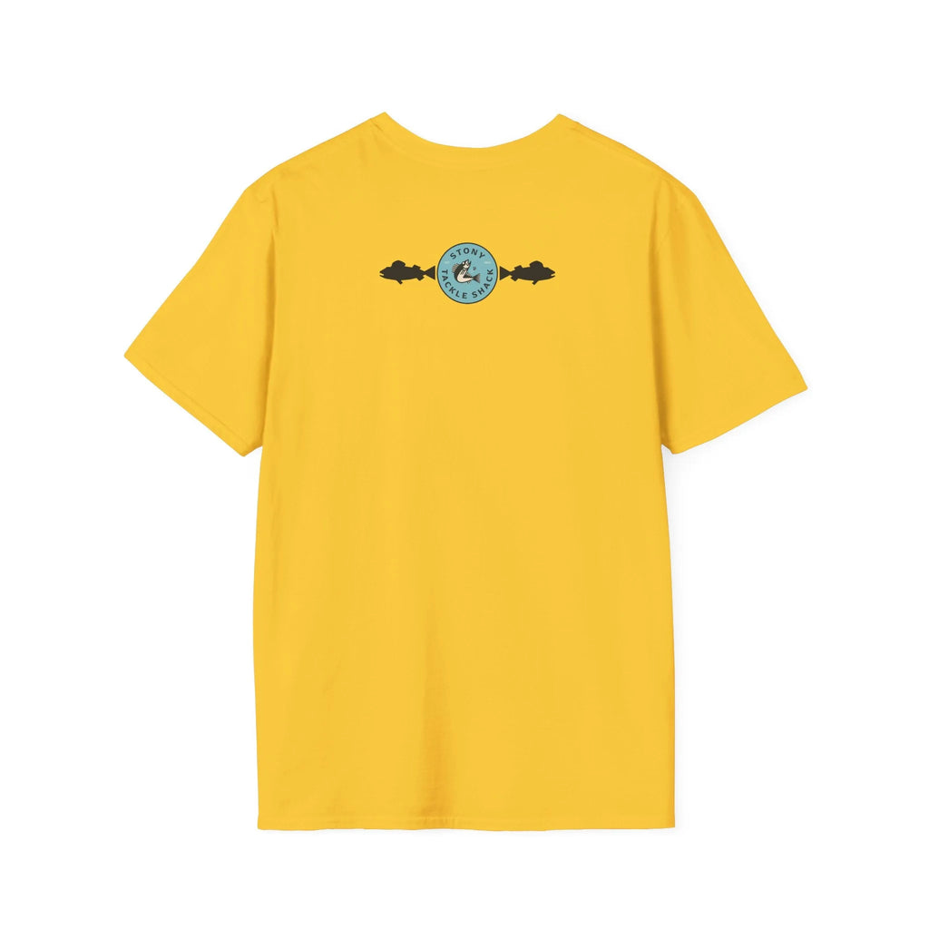 Yellow t-shirt with a small logo on the back against a white background