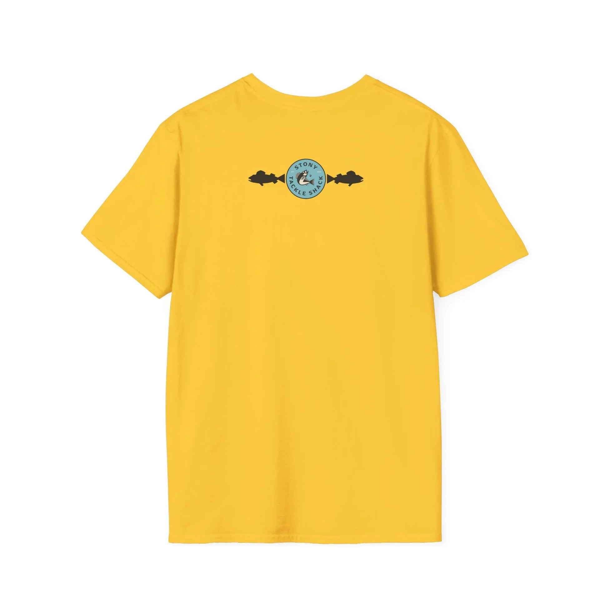 Yellow t-shirt with a small logo on the back against a white background