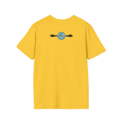 Yellow t-shirt with a small logo on the back against a white background