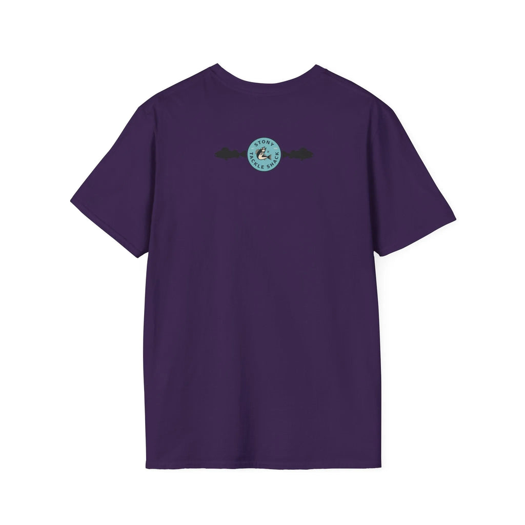 Purple t-shirt with a logo on the back against a white background